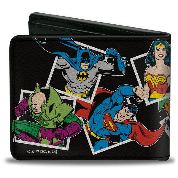 Buckle-Down Bi-Fold Wallet - Justice League Vintage Superhero And Villain Pose Blocks Black