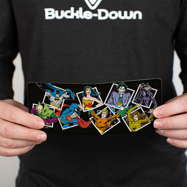 Buckle-Down Bi-Fold Wallet - Justice League Vintage Superhero And Villain Pose Blocks Black
