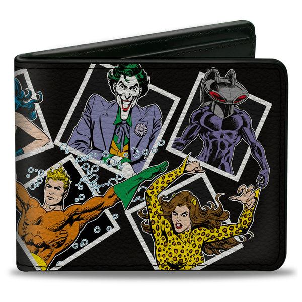 Buckle-Down Bi-Fold Wallet - Justice League Vintage Superhero and Villain Pose Blocks Black