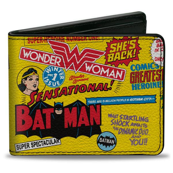 Buckle-Down Bi-Fold Wallet - Justice League Vintage Superhero Anniversary Icons Collage Yellow