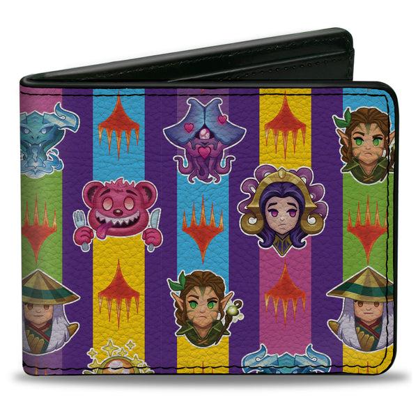 Buckle-Down Bi-Fold Wallet - Magic the Gathering Chibi Planeswalkers and Icons Stripe Multi Color