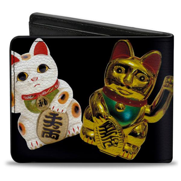 Buckle-Down Bi-Fold Wallet - Maneki Neko Lucky Cats Gold Black White
