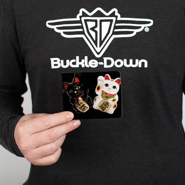 Buckle-Down Bi-Fold Wallet - Maneki Neko Lucky Cats Gold Black White