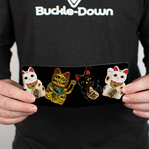 Buckle-Down Bi-Fold Wallet - Maneki Neko Lucky Cats Gold Black White