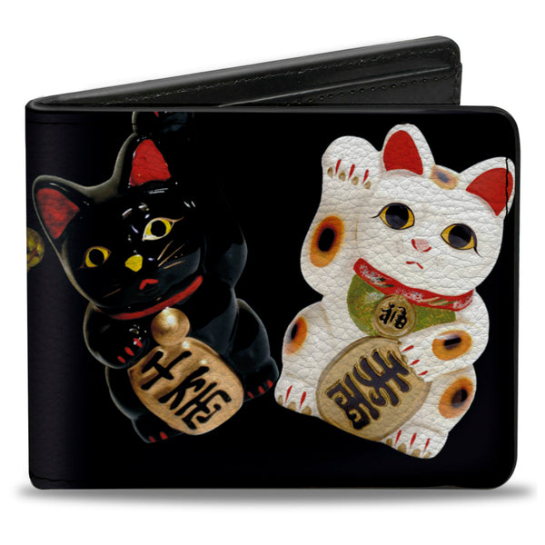 Buckle-Down Bi-Fold Wallet - Maneki Neko Lucky Cats Gold Black White