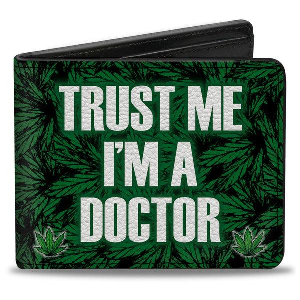Buckle-Down Bi-Fold Wallet - Marijauna Leaves Stacked TRUST ME I'M A DOCTOR Black Green White