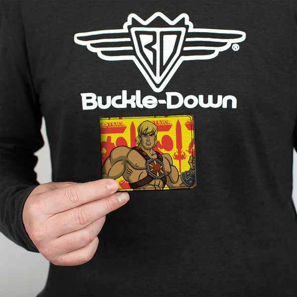 Buckle-Down Bi-Fold Wallet - MASTERS OF THE UNIVERSE He-Man Pose And Title Logo Yellow/Red/Blues