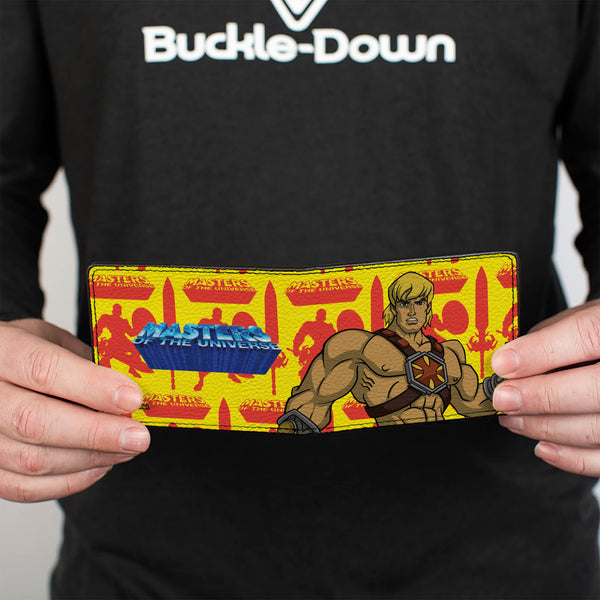 Buckle-Down Bi-Fold Wallet - MASTERS OF THE UNIVERSE He-Man Pose And Title Logo Yellow/Red/Blues