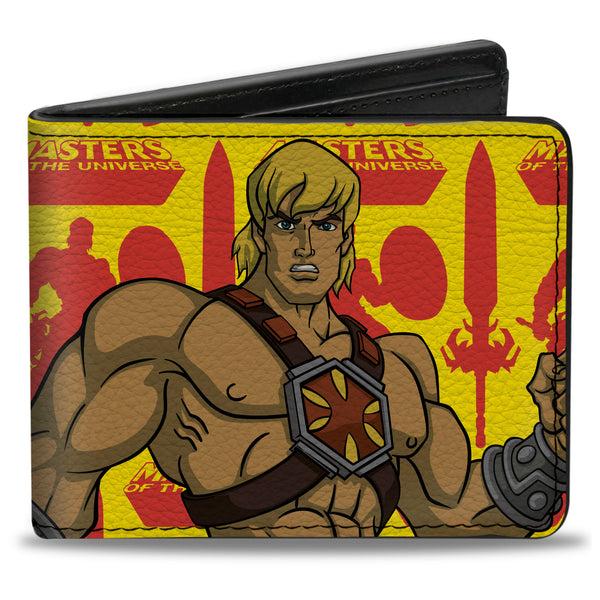Buckle-Down Bi-Fold Wallet - MASTERS OF THE UNIVERSE He-Man Pose and Title Logo Yellow/Red/Blues