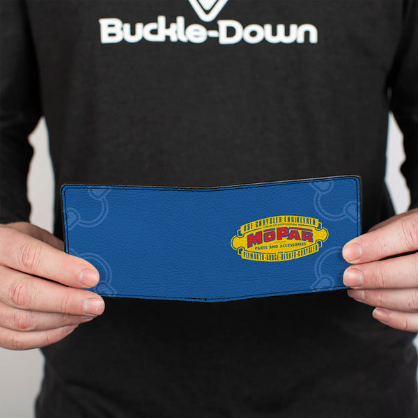 Buckle-Down Bi-Fold Wallet - MOPAR 1937-1947 Logo-USE CHRYSLER ENGINEERED MOPAR PARTS AND ACCESSORIES Blue Yellow Red