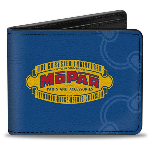 Buckle-Down Bi-Fold Wallet - MOPAR 1937-1947 Logo-USE CHRYSLER ENGINEERED MOPAR PARTS AND ACCESSORIES Blue Yellow Red