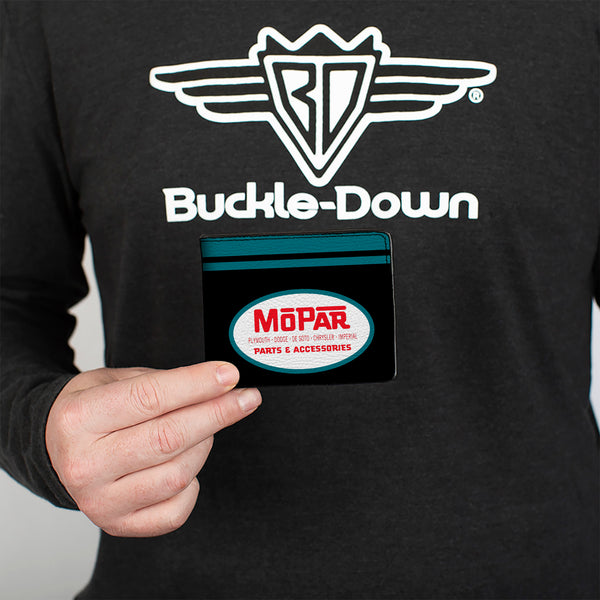 Buckle-Down Bi-Fold Wallet - MOPAR 1954-1958 Logo + Chrysler Logo Top Stripe Black Blue Red White