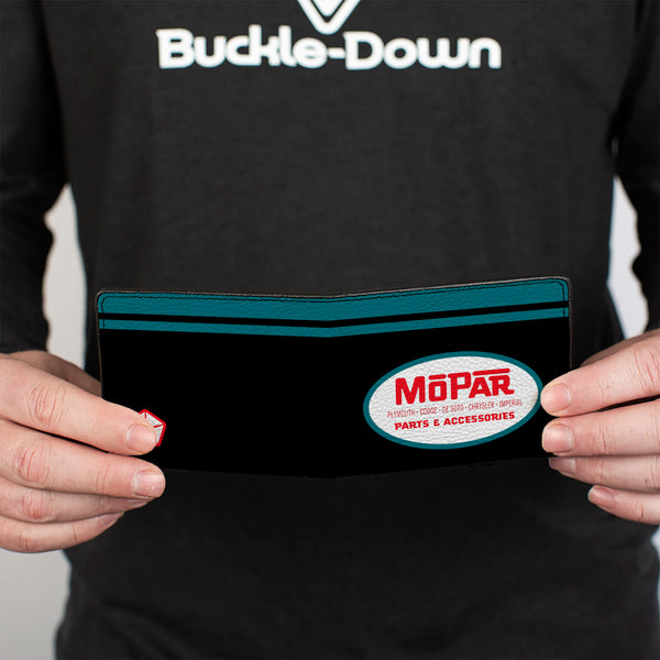 Buckle-Down Bi-Fold Wallet - MOPAR 1954-1958 Logo + Chrysler Logo Top Stripe Black Blue Red White