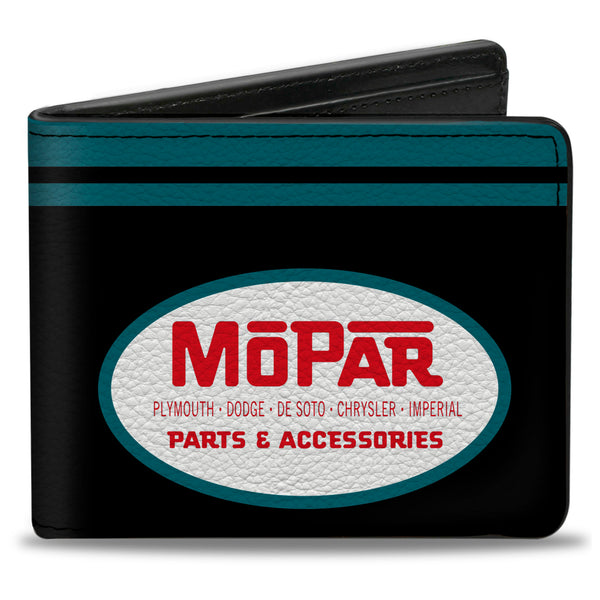 Buckle-Down Bi-Fold Wallet - MOPAR 1954-1958 Logo + Chrysler Logo Top Stripe Black Blue Red White
