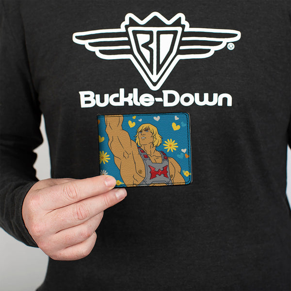 Buckle-Down Bi-Fold Wallet - MOTU He-Man BY THE POWER OF LOVE Hearts And Flowers Pose Blues/Yellows