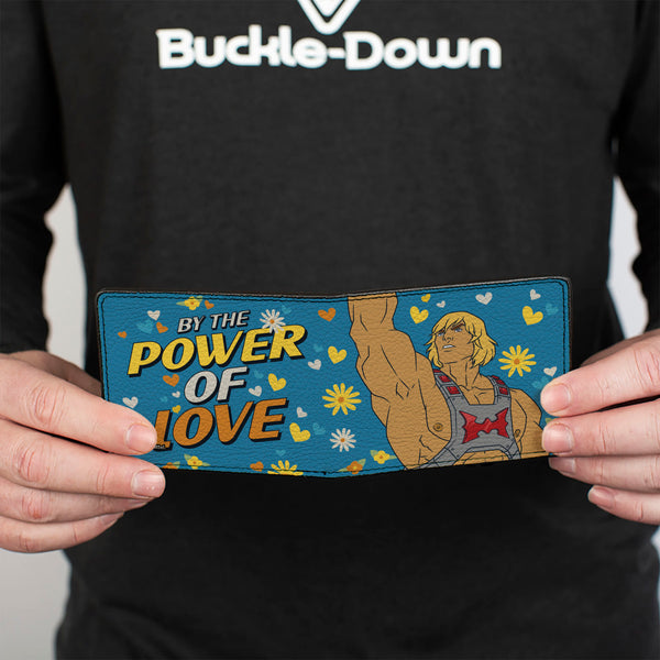 Buckle-Down Bi-Fold Wallet - MOTU He-Man BY THE POWER OF LOVE Hearts And Flowers Pose Blues/Yellows