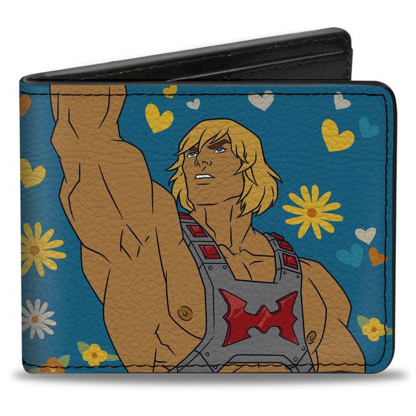 Buckle-Down Bi-Fold Wallet - MOTU He-Man BY THE POWER OF LOVE Hearts and Flowers Pose Blues/Yellows