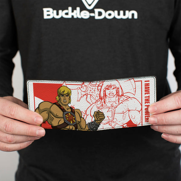 Buckle-Down Bi-Fold Wallet - MOTU He-Man I HAVE THE POWER Pose And Sketch White/Red
