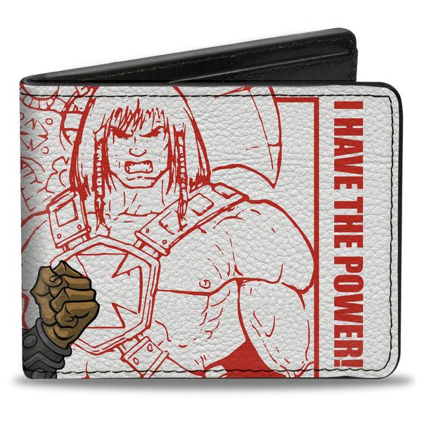 Buckle-Down Bi-Fold Wallet - MOTU He-Man I HAVE THE POWER Pose and Sketch White/Red