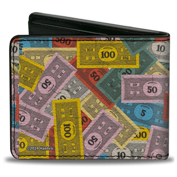Buckle-Down Bi-Fold Wallet - Mr. Monopoly Rich Uncle Pennybags Pose Stacked Money Multi Color