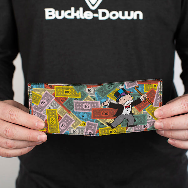 Buckle-Down Bi-Fold Wallet - Mr. Monopoly Rich Uncle Pennybags Pose Stacked Money Multi Color