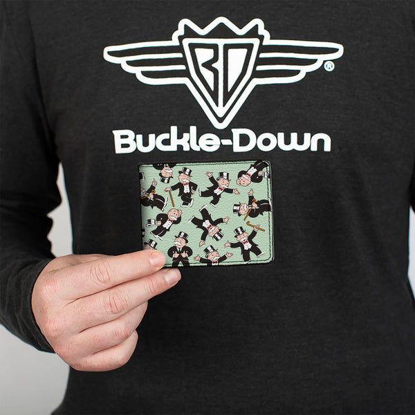 Buckle-Down Bi-Fold Wallet - Mr. Monopoly Rich Uncle Pennybags Poses Scattered Green
