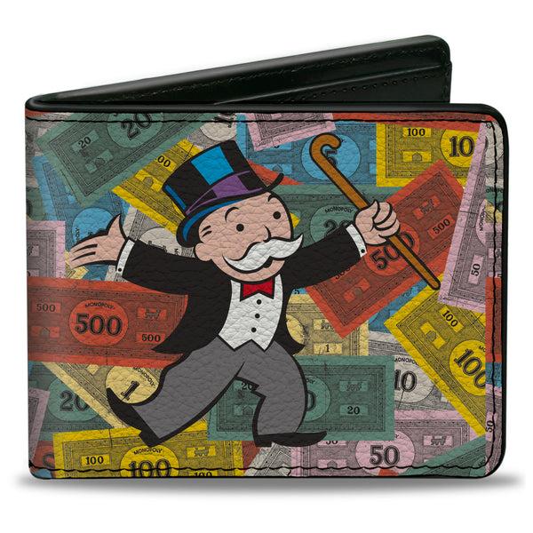 Buckle-Down Bi-Fold Wallet - Mr. Monopoly Rich Uncle Pennybags Pose Stacked Money Multi Color