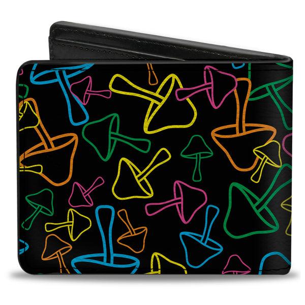 Buckle-Down Bi-Fold Wallet - Mushroom Outlines Scattered Black Multi Neon