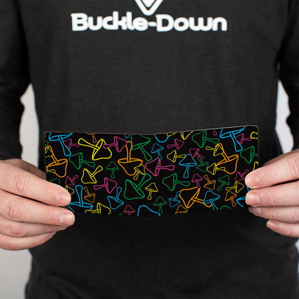 Buckle-Down Bi-Fold Wallet - Mushroom Outlines Scattered Black Multi Neon