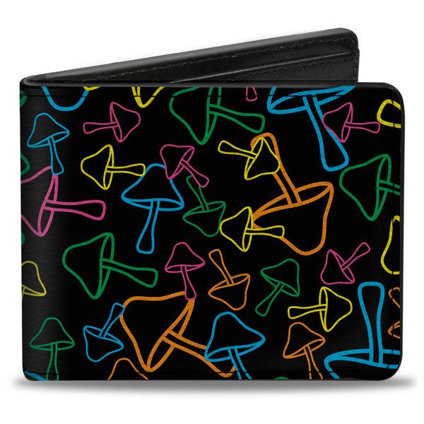 Buckle-Down Bi-Fold Wallet - Mushroom Outlines Scattered Black Multi Neon