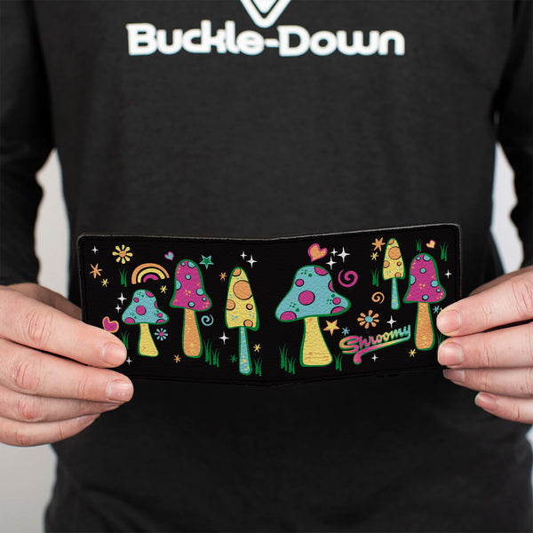 Buckle-Down Bi-Fold Wallet - Mushroom SHROOMY Vibrant Garden Black Multi Color