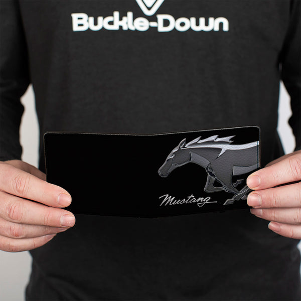 Buckle-Down Bi-Fold Wallet - Mustang Chrome Pony MUSTANG Script Black Silver