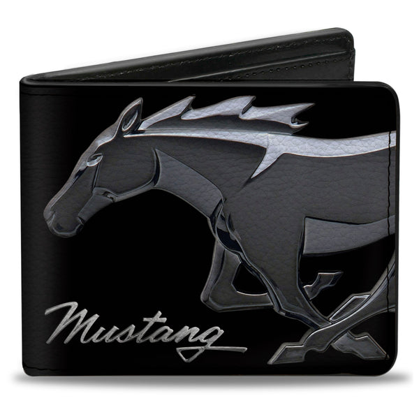 Buckle-Down Bi-Fold Wallet - Mustang Chrome Pony MUSTANG Script Black Silver