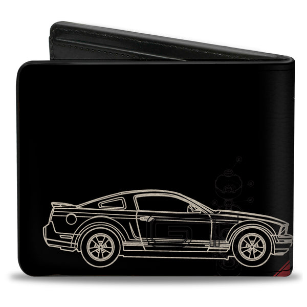 Buckle-Down Bi-Fold Wallet - Mustang Tri-Bar Logo Diagonal Stripe Blueprint Black Red White Blue