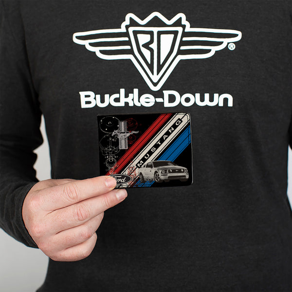 Buckle-Down Bi-Fold Wallet - Mustang Tri-Bar Logo Diagonal Stripe Blueprint Black Red White Blue