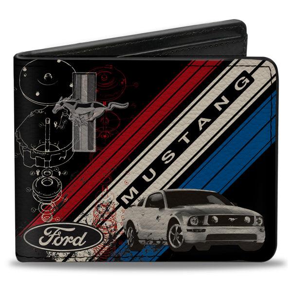 Buckle-Down Bi-Fold Wallet - Mustang Tri-Bar Logo Diagonal Stripe Blueprint Black Red White Blue