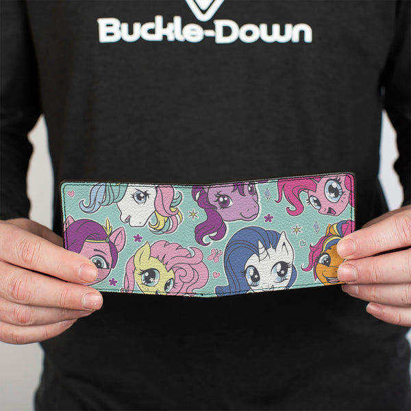 Buckle-Down Bi-Fold Wallet - My Little Pony Faces Close-Up And Cutie Marks Scattered Teal