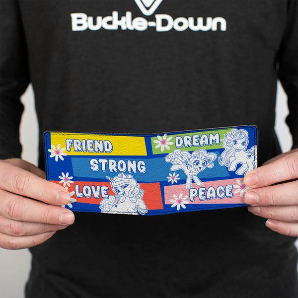 Buckle-Down Bi-Fold Wallet - MY LITTLE PONY Three Ponies Trait Text Blocks Blue/Multi Color