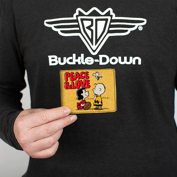 Buckle-Down Bi-Fold Wallet - PEANUTS SOCIAL CLUB PEACE & LOVE Scenes Yellow/Red