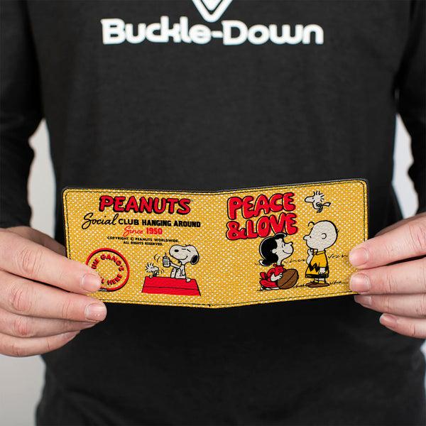 Buckle-Down Bi-Fold Wallet - PEANUTS SOCIAL CLUB PEACE & LOVE Scenes Yellow/Red