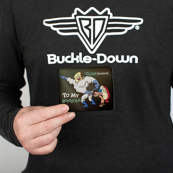 Buckle-Down Bi-Fold Wallet - Powdered Toastman CLING TENACIOUSLY TO MY BUTTOCKS + REN AND STIMPY Logo Black