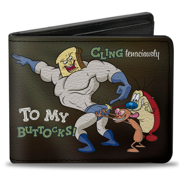 Buckle-Down Bi-Fold Wallet - Powdered Toastman CLING TENACIOUSLY TO MY BUTTOCKS + REN AND STIMPY Logo Black