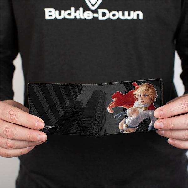 Buckle-Down Bi-Fold Wallet - Power Girl Up Up & Away Issue #27 Cover Pose Buildings Grays