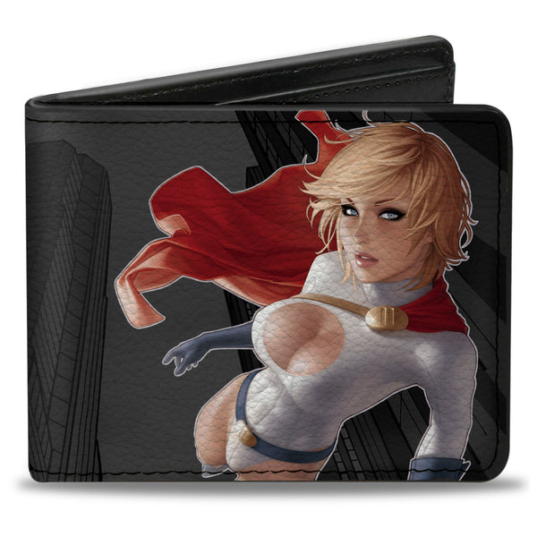 Buckle-Down Bi-Fold Wallet - Power Girl Up Up & Away Issue #27 Cover Pose Buildings Grays