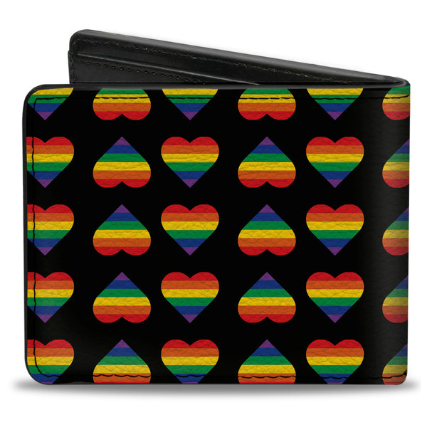 Buckle-Down Bi-Fold Wallet - Rainbow Hearts Flip Black Multi Color