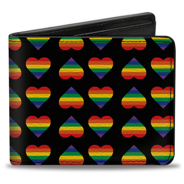 Buckle-Down Bi-Fold Wallet - Rainbow Hearts Flip Black Multi Color