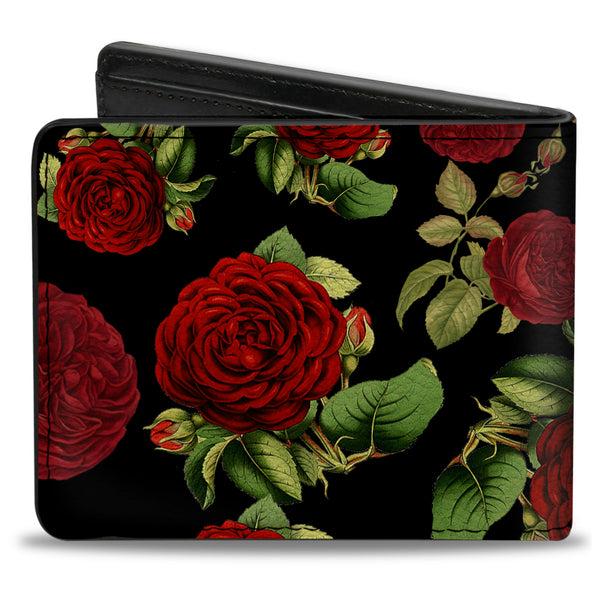 Buckle-Down Bi-Fold Wallet - Red Rose Blooms Buds Black Greens Reds
