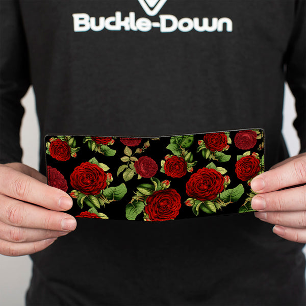 Buckle-Down Bi-Fold Wallet - Red Rose Blooms Buds Black Greens Reds