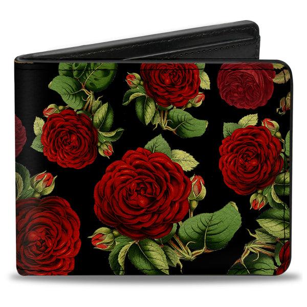 Buckle-Down Bi-Fold Wallet - Red Rose Blooms Buds Black Greens Reds