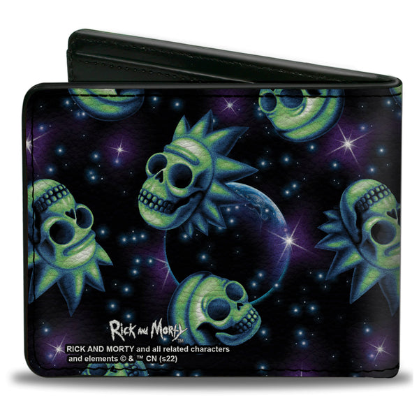 Buckle-Down Bi-Fold Wallet - Rick And Morty Glow Skull In Space Scattered Black Blues Greens